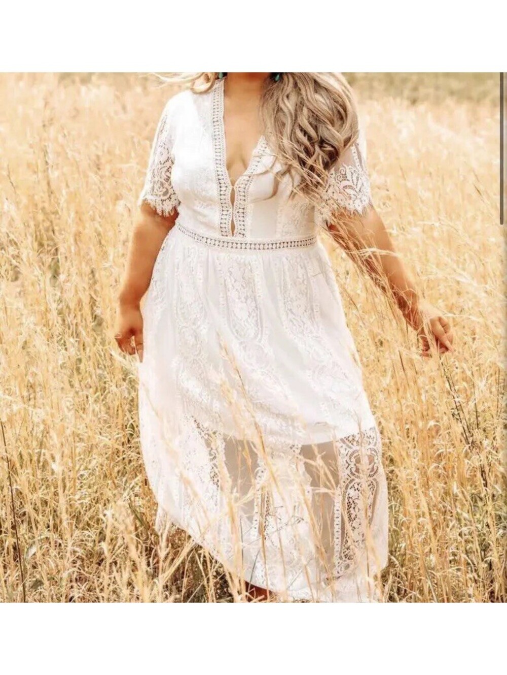 Large White Lace Boho Maxi Dress V-Neck Sheer Romantic Cottagecore Bridal